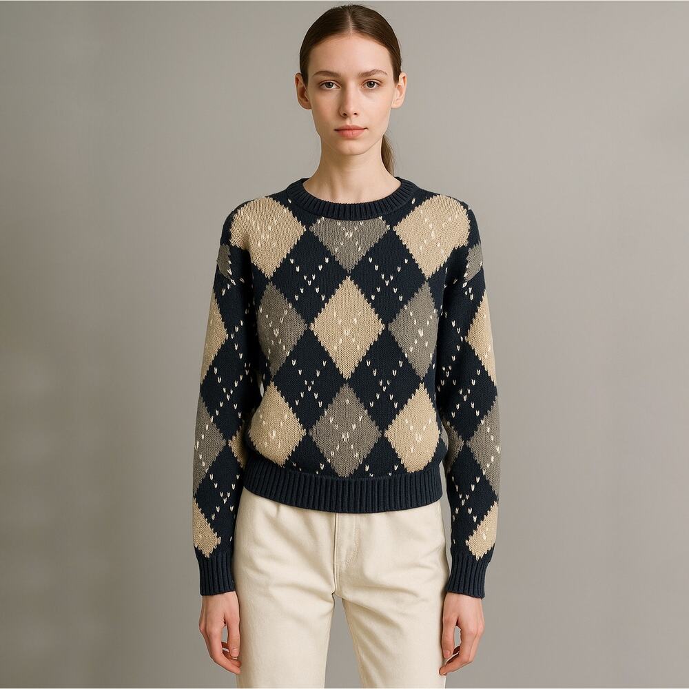 Vintage‎ Lizsport Argyle Sweater Women’s Small – Ramie Cotton Knit Oversized Fit